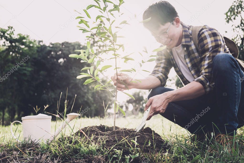 Young man planting the tree while Watering a tree working in the