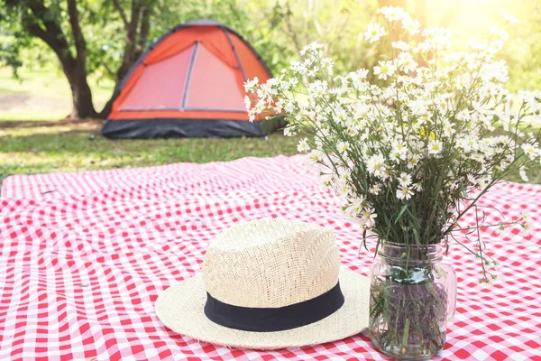 Chapéu e flor na toalha de mesa quadriculada clássico vermelho e campi — Fotografia de Stock