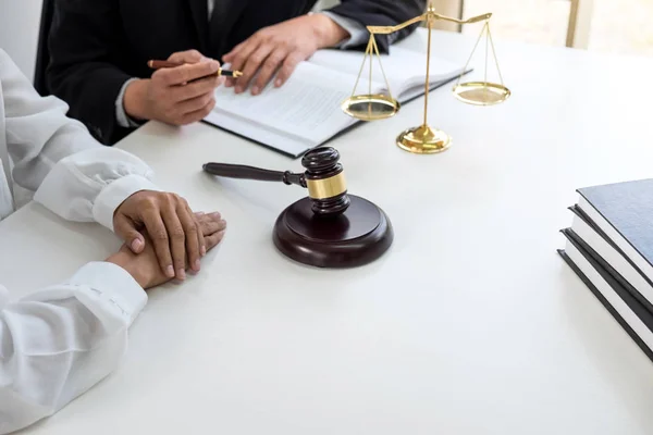 Close up of gavel, Male lawyer or judge Consult with client and — Stock Photo, Image