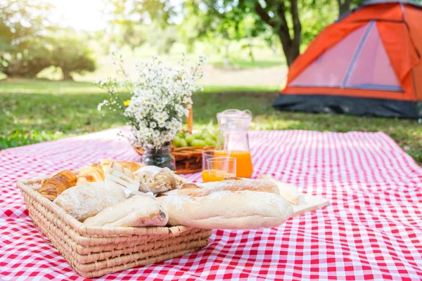 Alimentos e acessórios saudáveis ao ar livre verão ou piquenique de primavera, Pi — Fotografia de Stock