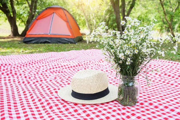 Chapéu e flor na toalha de mesa quadriculada clássico vermelho e campi — Fotografia de Stock