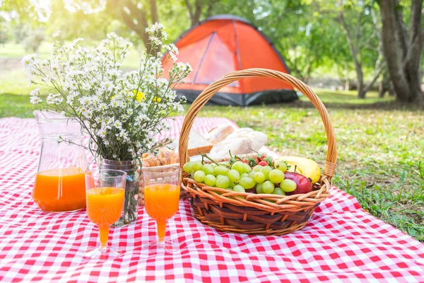Alimentos e acessórios saudáveis ao ar livre verão ou piquenique de primavera, Pi — Fotografia de Stock