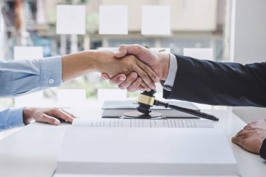 İyi bir iş birliğinden sonra tokalaşan iş kadını, profesyonel erkek avukatla el sıkışıyor. Mahkeme salonu, hukuk kavramları ve adalet terazisiyle hakim tokmağı tartıştıktan sonra..