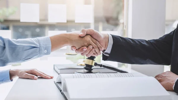 Handshake Good Cooperation Businesswoman Shaking Hands Professional Male Lawyer Discussing — Stock Photo, Image