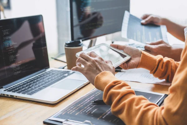 Writing Codes Typing Data Code Technology Programmer Cooperating Working Web — Stock Photo, Image