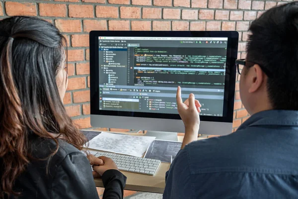 Zwei professionelle Programmierer, die zusammenarbeiten und an der Website arbeiten — Stockfoto