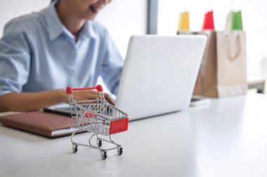 Kadın kredi kartı kayıt kodu ödemelerini çevrimiçi alışveriş ve müşteri hizmetleri ağ bağlantı pazarında kullanıyor, laptop, Internet Online alışveriş veya bankacılık kavramında teknoloji kullanıyor.