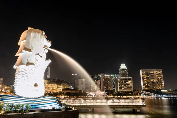 Singapore Aug 2019 Night City View Landmark Marina Singapore Merlion — Stock Photo, Image