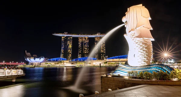 新加坡 2019年8月23日 新加坡海港的地标夜景 梅利昂公园的梅利昂雕像喷泉被视为最有名的旅游景点的象征 — 图库照片