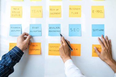 İki yaratıcı iş adamı toplantı ve planlama fikri paylaşmak, veri grafiklerini analiz etmek ve takım çalışması stratejisi beyin fırtınası ile grafikleri paylaşmak için gemiye yapışkan notlar yazdılar..