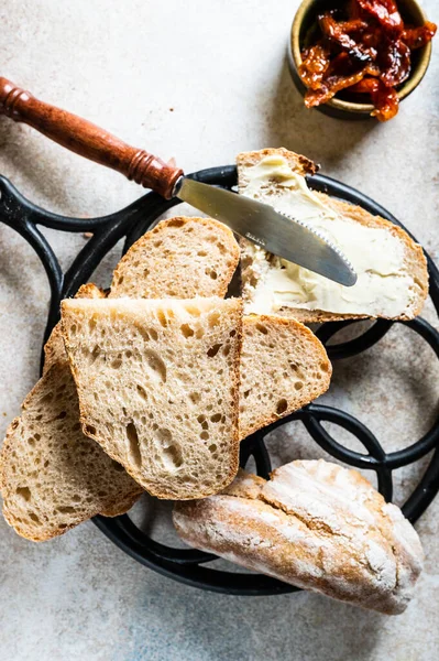 Bakery Crusty Loaves Bread Still Life Captured Top View Flat — Stock Photo, Image