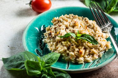 Fesleğenli yeşil tabakta domatesli risotto. İtalyan yemeği. Vegan gıda konsepti. İtalyan mutfağı. Domates tabağı. Sağlıklı yiyecekler. Yaz yemeği. Ev yemeği