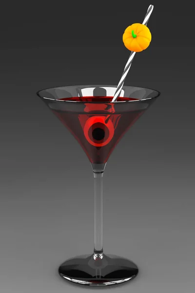 Copa de cóctel de halloween rojo con una paja, un ojo y un poco de calabaza — Foto de Stock
