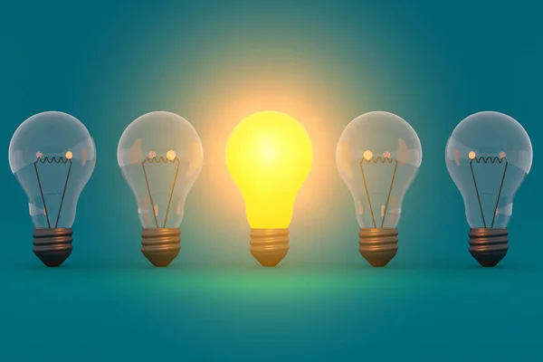 Idea concept glowing bulb on blue green background — Stock Photo, Image