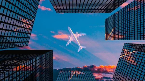 The plane flies above skyscrapers on the blue sky background — Stock Photo, Image