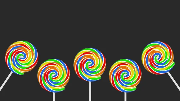 Five colorful lollipops on grey background copy space — Stock Photo, Image