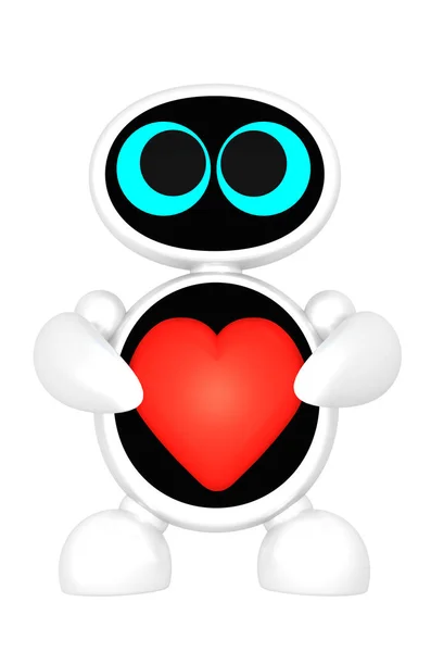Robot with cute eyes holds red heart isolated on white background — Stock Photo, Image