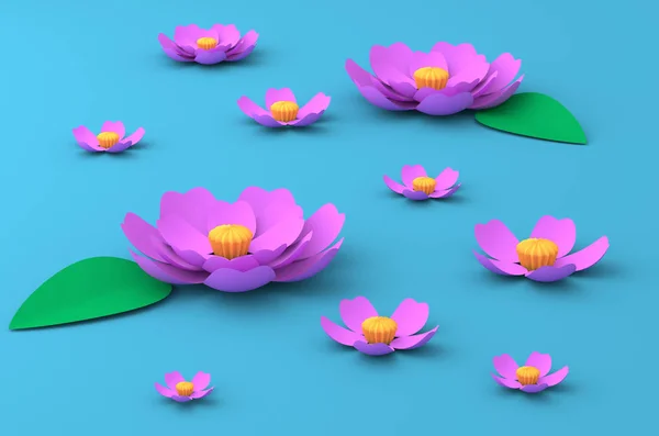 Pink flowers of lotus on the lake paper craft art 3D illustration