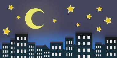 Yıldızlar ve ay gökyüzü 3d çizim Panorama ile gece Kentsel şehir manzarası