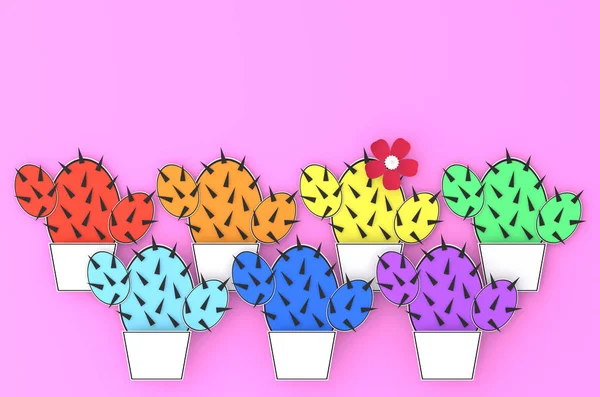 Sedm barevných kaktusy v bílých květináčích na růžovém pozadí 3d obrázek — Stock fotografie