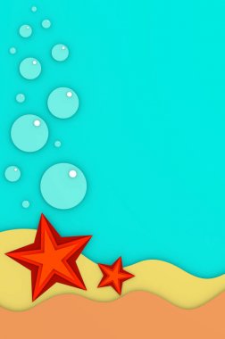 Baloncuklar 3d çizim ile deniz sualtı dünyasının kumlu altta iki Kızıl Deniz yıldız