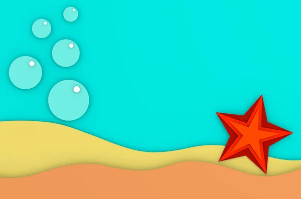 Rozgwiazda czerwona na piaszczystym dnie podwodnego świata morza z pęcherzyków 3d ilustracja — Zdjęcie stockowe