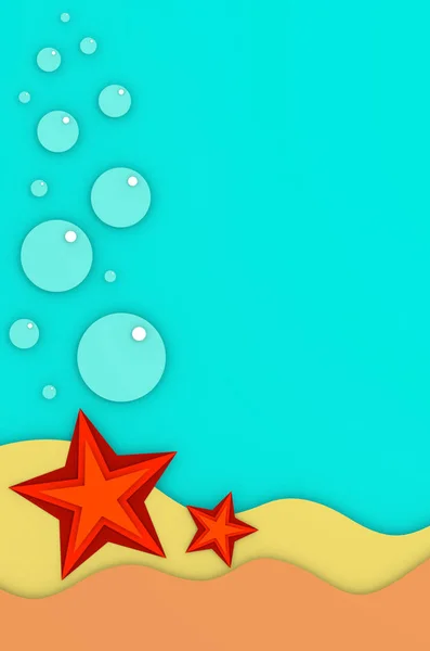 Dwie gwiazdy morza czerwonego na piaszczystym dnie podwodnego świata morza z pęcherzyków 3d ilustracja — Zdjęcie stockowe