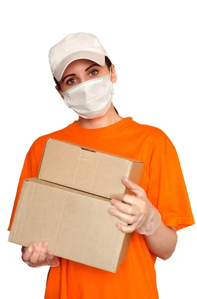 Delivery Girl Wears Medical Face Mask Gloves Holds Two Boxes — Stock Photo, Image