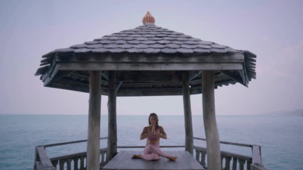 Schwangere Übt Yoga Steht Vrksasana Position Strand Auf Den Felsen — Stockvideo