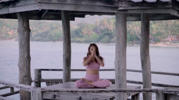 Zwangere Vrouw Beoefent Yoga Staande Vrksasana Positie Het Strand Rotsen — Stockvideo