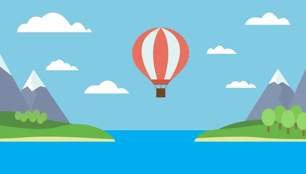 Pohled na horkovzdušném balónu létání nad mořem mezi dvěma ostrovy, hory, stromy a sníh — Stockový vektor