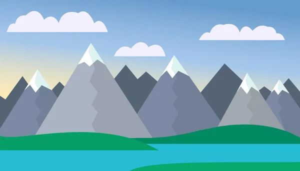 Cartoon berglandschap met groene heuvels en bergen met pieken onder de sneeuw, met meer of rivier tegenover bergen onder de blauwe hemel met wolken met nevel achtergrond — Stockvector