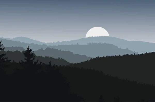 Vista panorámica del paisaje con siluetas oscuras de colinas y montañas detrás del bosque bajo el dramático cielo nocturno limpio con sol o luna naciente - ilustración vectorial — Vector de stock