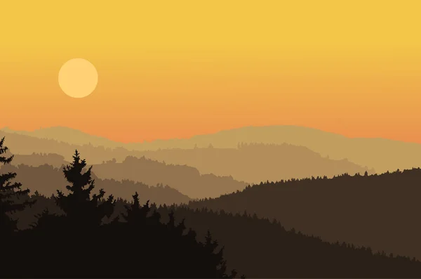 Panoramablick auf Landschaft mit dunklen Silhouetten von Hügeln und Bergen hinter Wald unter dramatisch sauberem Morgenhimmel mit aufgehender Sonne - Vektorillustration — Stockvektor