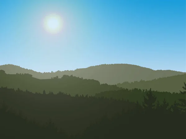 Panoramautsikt över landskapet med mörka silhuetter av kullar och berg bakom skogen under dramatiska ren dag himmel med stigande sol - vektorillustration — Stock vektor