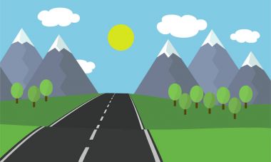 Karikatür manzara önde gelen asfalt yolun düz tasarlamak çim ve ağaç bulut ve güneş - mavi gökyüzü altında kar ile dağlarda ile vektör