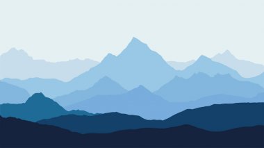 Panoramik dağ manzarası ile sis alpenglow mavi gökyüzü ve yükselen güneş - Vadisi'nde, vektör