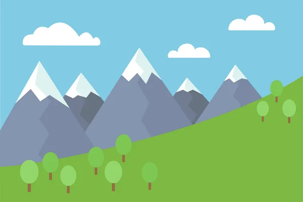 Cartoon bunte Vektor flache Illustration der Berglandschaft mit schneebedeckten Gipfeln mit Bäumen und Wiese unter blauem Himmel mit Wolken — Stockvektor