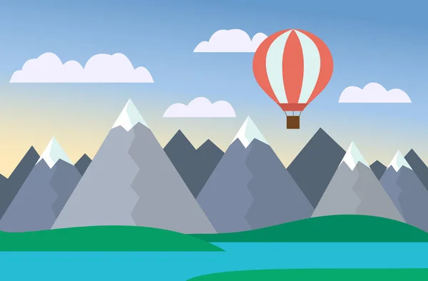 Cartoon bunte Vektorillustration der Berglandschaft mit See und Hügel unter blauem Himmel mit Wolken und rotem Heißluftballon — Stockvektor