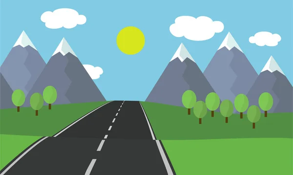 Cartoon flaches Design Illustration der Asphaltstraße führende Landschaft mit Gras und Bäumen in den Bergen mit Schnee unter blauem Himmel mit Wolken und Sonne - Vektor — Stockvektor