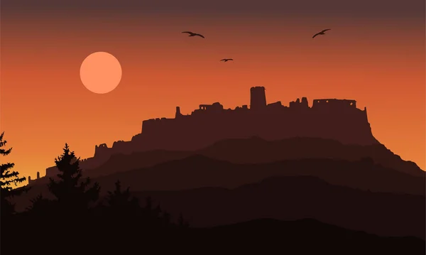 Silhouette réaliste des ruines d'un château médiéval construit sur une colline au-delà de la forêt sous un ciel dramatique avec la lune, les oiseaux volants et le soleil levant - vecteur — Image vectorielle