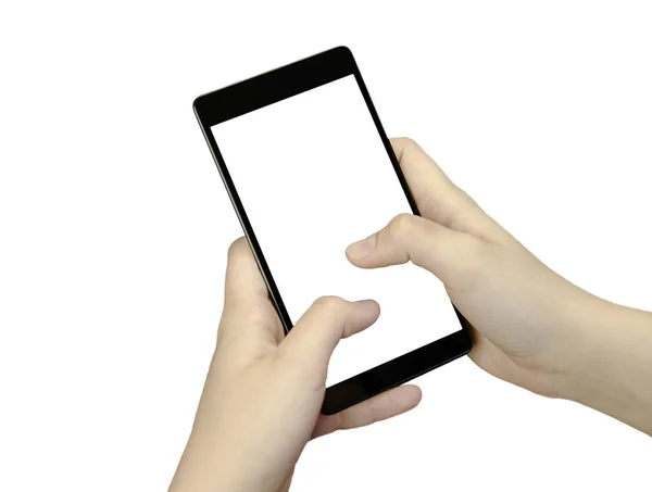 Vista da vicino di una mano con le dita che tengono un telefono cellulare nero con schermo bianco isolato su sfondo bianco — Foto Stock