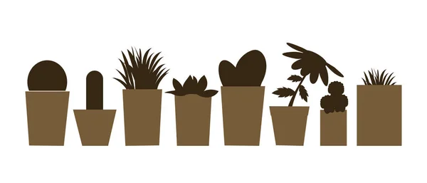 Vektor-Illustrationen und Silhouetten von Blumentöpfen mit Kakteen und Pflanzen auf weißem Hintergrund — Stockvektor