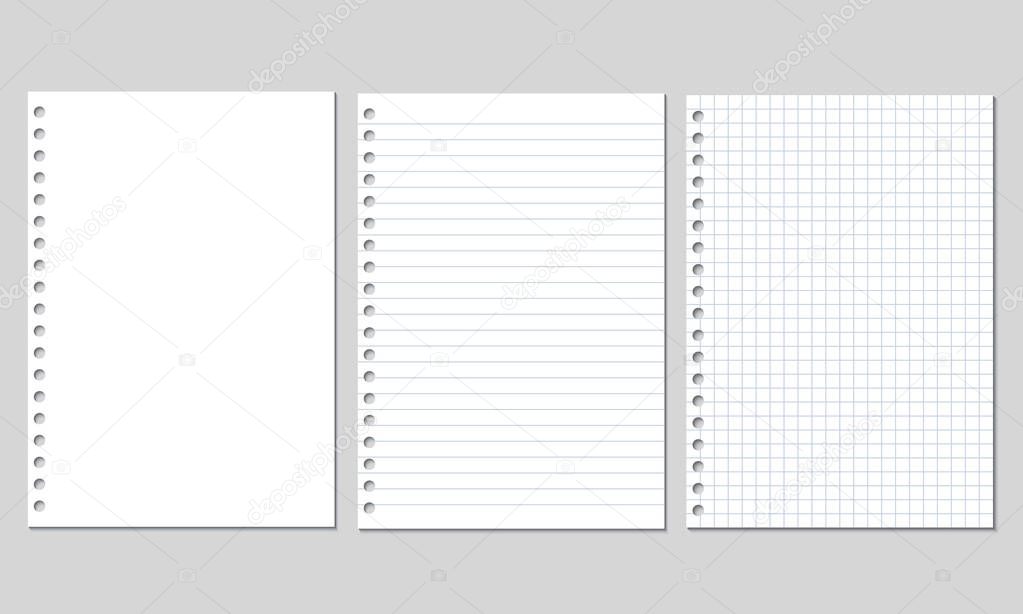 Set of realistic vector illustration of blank sheets of square and lined paper from a block isolated on a gray background