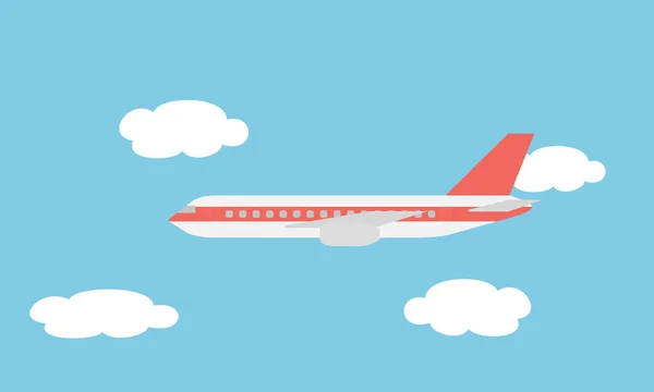 Weergave van de grote en snelle lijnvliegtuig vliegen tussen de wolken in de blauwe hemel — Stockvector