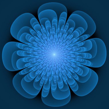 Siyah bir zemin üzerine mavi bir çiçek fraktal çizimi