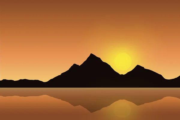 Закладна Векторна ілюстрація гірського пейзажу, відображеного в морській поверхні під помаранчевим небом із висхідним сонцем RGB — стоковий вектор