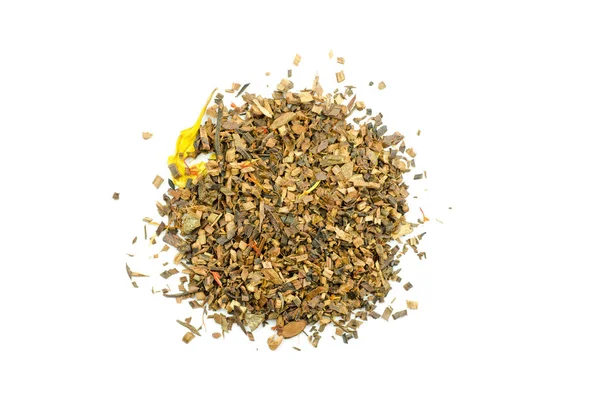 Nahaufnahme eines Stapels von Honeybusch-Teeblättern isoliert auf weißem Hintergrund — Stockfoto