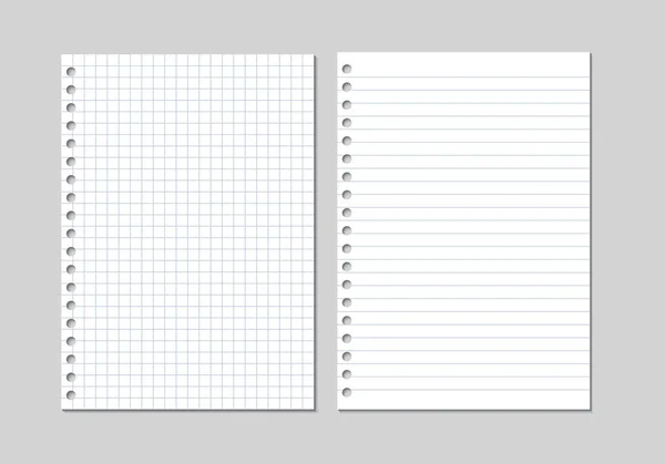 Set di due illustrazioni vettoriali realistiche di fogli bianchi di carta quadrata e foderata da un blocco isolato su uno sfondo grigio con ombre — Vettoriale Stock