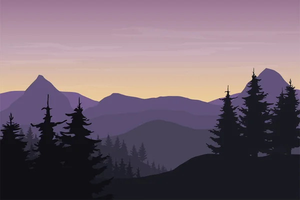 Ilustración vectorial de un paisaje montañoso con una colina y un bosque bajo un cielo púrpura matutino con nubes — Vector de stock